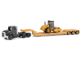 TRACTOR KENWORTH T880 NEGRO CON REMOLQUE DE PLATAFORMA BAJA Y RODILLO ESCALA 1/87