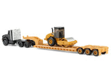 TRACTOR KENWORTH T880 NEGRO CON REMOLQUE DE PLATAFORMA BAJA Y RODILLO ESCALA 1/87