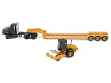 TRACTOR KENWORTH T880 NEGRO CON REMOLQUE DE PLATAFORMA BAJA Y RODILLO ESCALA 1/87