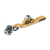 TRACTOR KENWORTH T880 NEGRO CON REMOLQUE DE PLATAFORMA BAJA Y RODILLO ESCALA 1/87