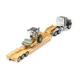 TRACTOR KENWORTH T880 NEGRO CON REMOLQUE DE PLATAFORMA BAJA Y RODILLO ESCALA 1/87